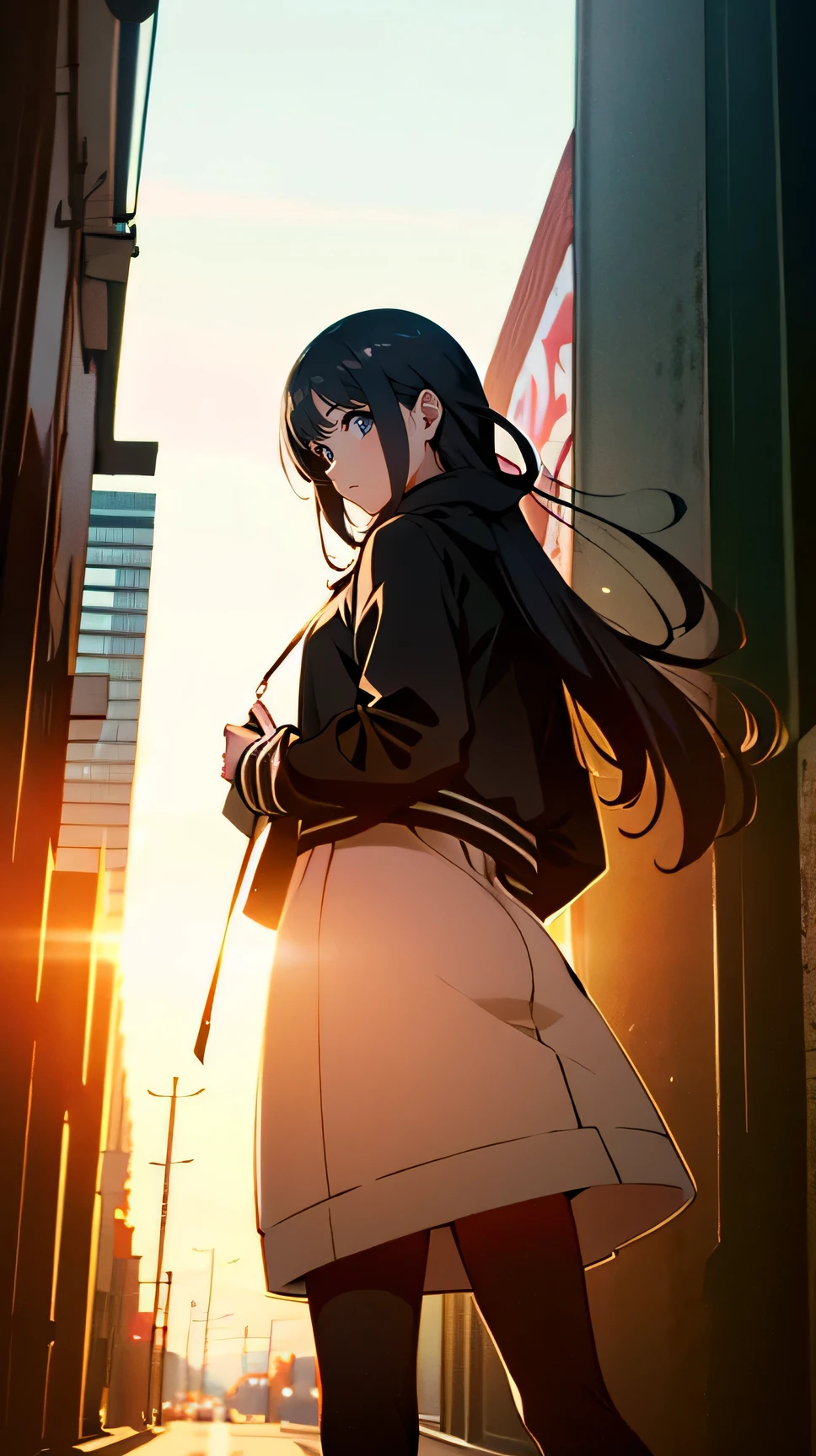 WOMAN WITH LONG HAIR AND OVERWEAR STANDING ON THE STREET , Cyberpunk Anime Girl Hoodie Wearing , city girl fan art , torn clothes, anime style , 美しい frame position ワーク, Style Ross Tran , Bray Shorts Streetwear , frame position . @mariomaniacdude, realistic anime 3d style , Vibrant Ross Draw Cartoons standing to the left of their angle of view , belly button exposed , anime atmosphere