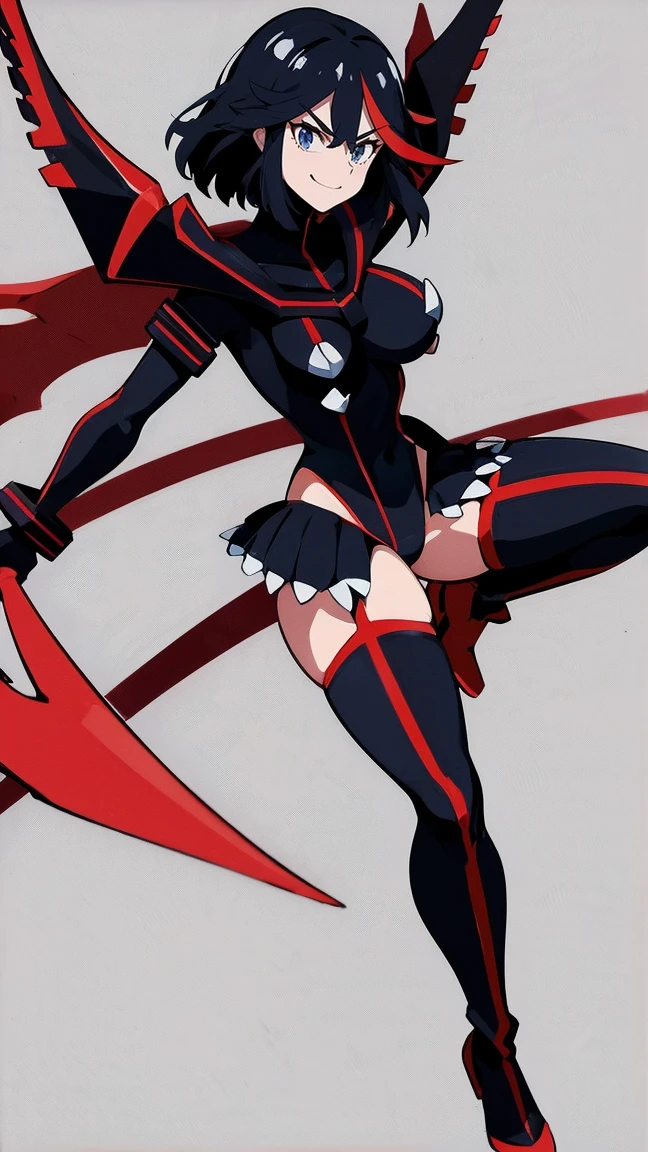 matoi ryuuko, dark armor, magical girl, dragon wings, kill la kill, red hair, large breasts, abs, wide hips, thick thighs, thick arms, pants, standing, black body suit, full body, boots,smile, pullover, miniskirt, black pullover,, black bodysuit, red hair, sword holding, bodysuit in the chest