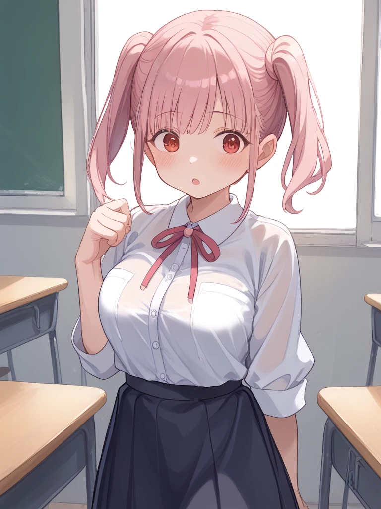 masterpiece, best quality, finely detailed, 1girl, pink_rose hair, pleated skirt, (school uniform), huge breasts, cleavage, classroom,