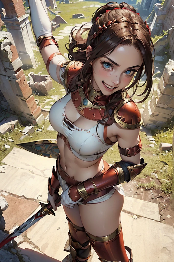 A tall busty woman wearing gleaming plate armor. Her skin is fair and unblemished, except for a few small scars. She has fiery red hair, cropped short in a practical style, and piercing blue eyes filled with wisdom and determination. The armor covers every inch of her body, leaving only her hands and face exposed, and is adorned with intricate etchings and filigree. On her chest, the symbol of Torm - a hammer surrounded by a circle - is prominently displayed. She moves with surprising agility and precision, radiating strength and grace;masterpiece; intrinsic details; 8k; UHD