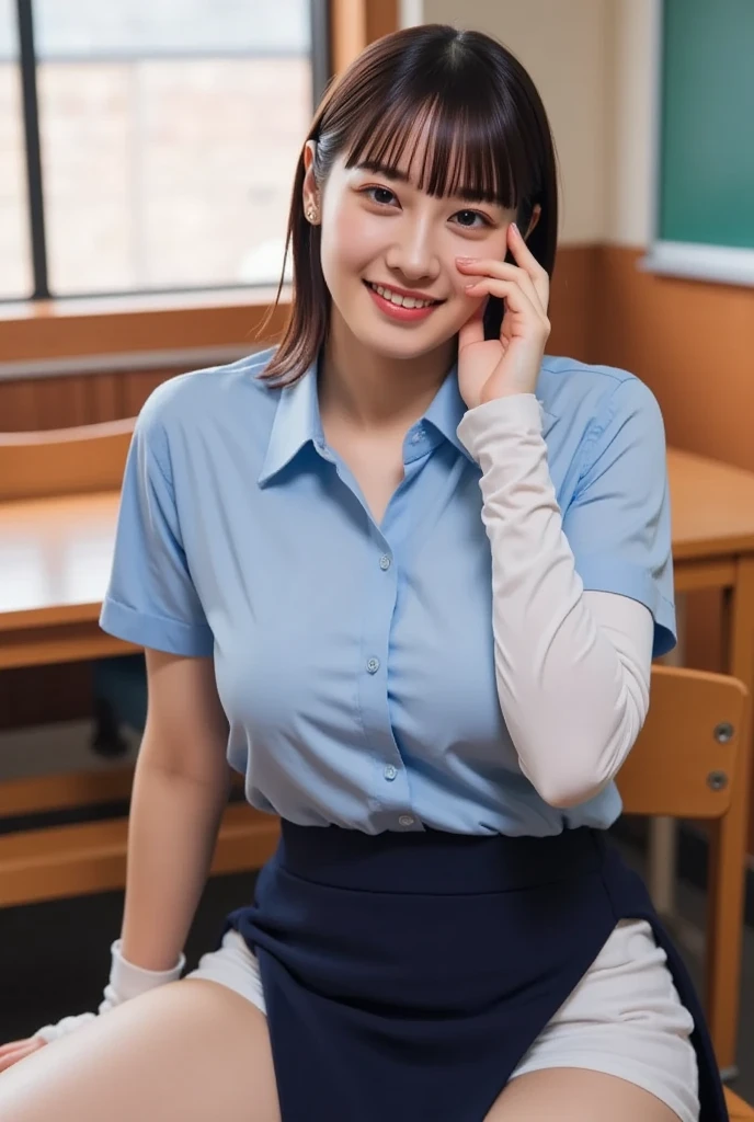 The image shows a woman with almost half of her body, selfie style in front of a DSLR camera, high resolution, clear photo quality, HD with striking blue eyes. His skin is white, and long straight black hair. This character is Hinata Hyuga, in the anime Naruto Shipunden. Turn him into a realistic and relatable character. beautiful and smooth thin face. very cute, original, realistic, very real, very detailed body, perfect body, faint smile expression, graceful face, detailed,[2/7 15.24] Ci ACENK: (pp clothes), (realistic), girl standing, crying, situation class, glanced at the audience.
[2/7 15.34] Ci ACENK: RAW, Best quality, high resolution, works: 1.3), Young girl, realistically rendered, beautiful, pose facing the audience's camera, showing perfect facial details, seductive cute expression, in the classroom , ((high school outfit)), orgasm, high resolution, 4k, HDR, 1girl, photorealistic, realistic, big breasts, ((half body)) facing the viewer, close-up, classroom,