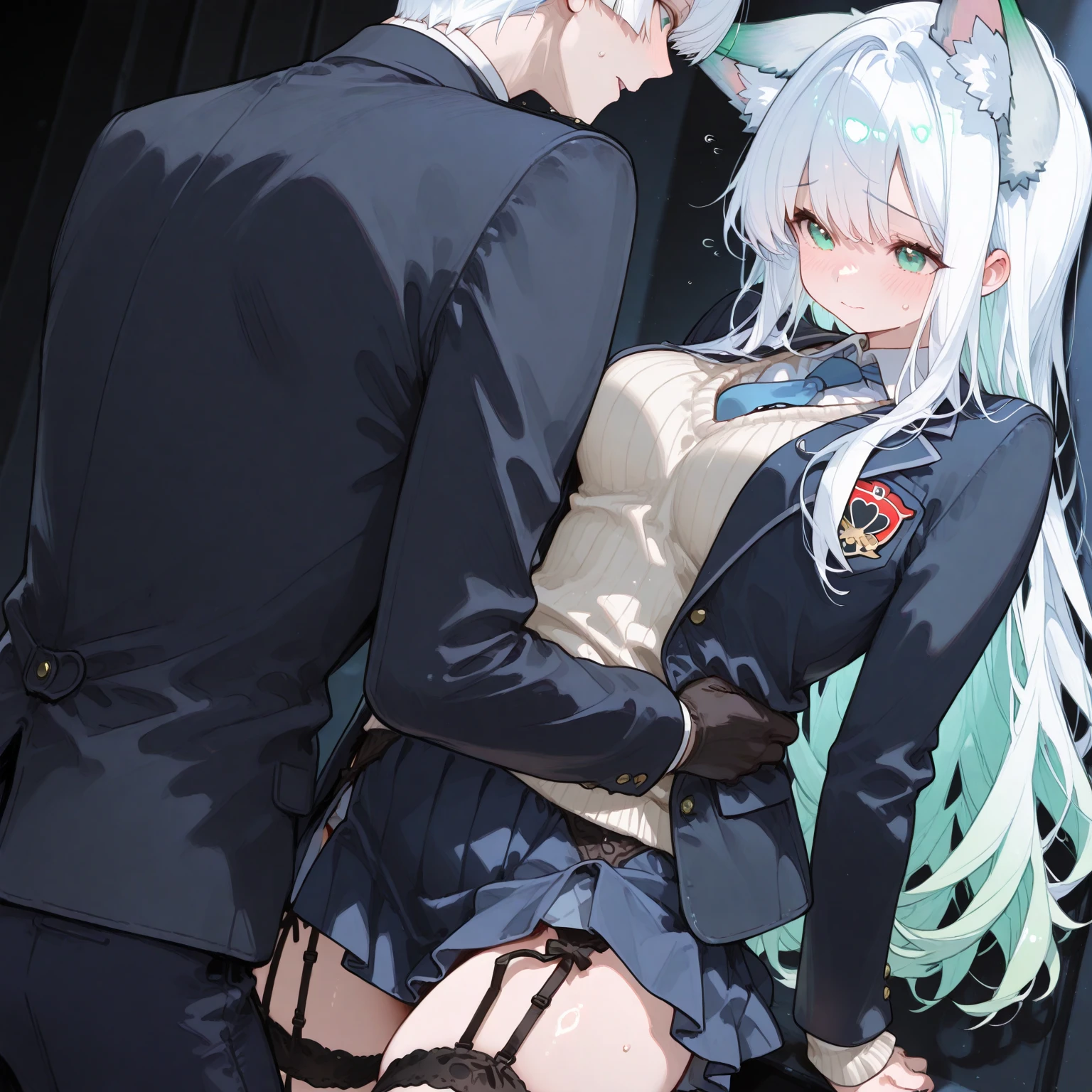 ((Detailed eyes, blue eyes:1.2)),beautiful eyes,{best quality}, {very aesthetic}, {ultra-detailed}, {best illustration}, nsfw,{{2boys:1.5}},Expanding the anus,boy,eyes wide open,(silver hair:1.3),(long hair:1.3), anal, man, 5penis,(Fox ears:1.2),Completely naked,Anal bulge,(cum on ass),(cum in ass hole),Cum in anus,Erect penis in crotch,I can see the anus expanding,(perineum),dramatic angle,2d,anime face,(No tear bags),(bangs between eyes),((flat chest)),Steamy skin,skiny boy,(pale skin),Transparency,Low Saturation,open mouth,(cum in mouth),(fem boy),(flat chest),(bukkake1.5),dooring,((blushing)),Beautiful Nose,perfect anatomy,teen ager,Medically correct human body,flat chest,pov hands,(銀髪Fox ears少年の腰を掴む大きな男の手:1.5),solo focus,(crowd:1.4),ass grab,(cum in ass:1.5),Restrained by collar,Chain,(completely nude:1.7),(supright straddle:1.8),(Hug),(from side),(pale skin:1.4),Gazing at each other