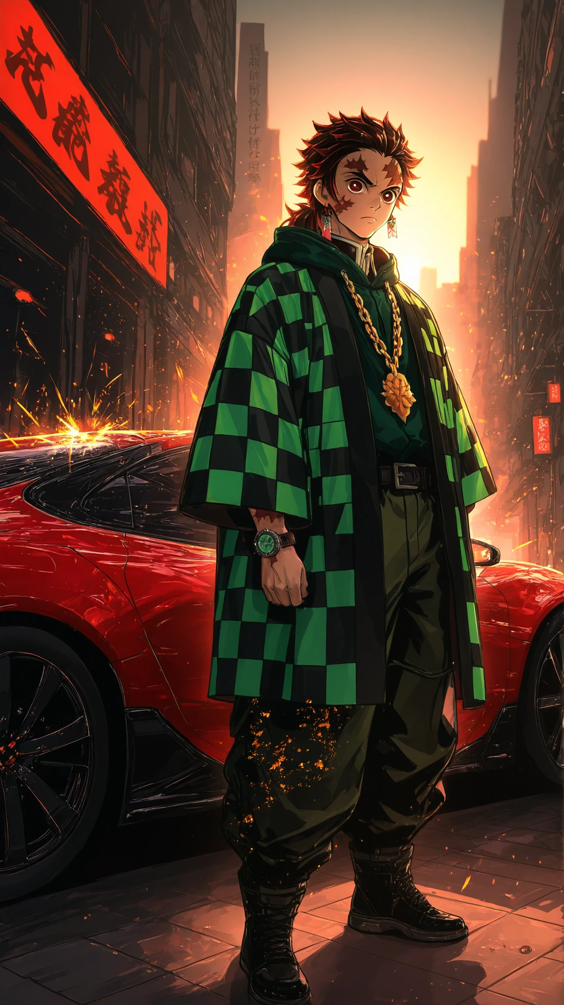 Full body shot of a cool, stylish anime character resembling Tanjiro Kamado from Demon Slayer, in a modern, casual, and somewhat oversized outfit. He's wearing a green and black checkered hanten/haori over a dark green hoodie and dark, loose-fitting cargo pants. He has a prominent gold chain with a large pendant around his neck and a watch on his wrist. His signature burgundy hair and scar are visible, with a serious or thoughtful expression.
The setting is an urban street scene at sunset/golden hour, with warm lighting. In the background, there are city buildings, signs (some with Japanese text), and a sleek, custom-modified car (possibly a sports car or sedan) with neon green underglow and details that emit electric-like sparks/energy. The car is partially visible and complements the character's style. The overall aesthetic is a blend of traditional anime character design with modern streetwear fashion and a touch of cyberpunk/futuristic elements due to the car's lighting
