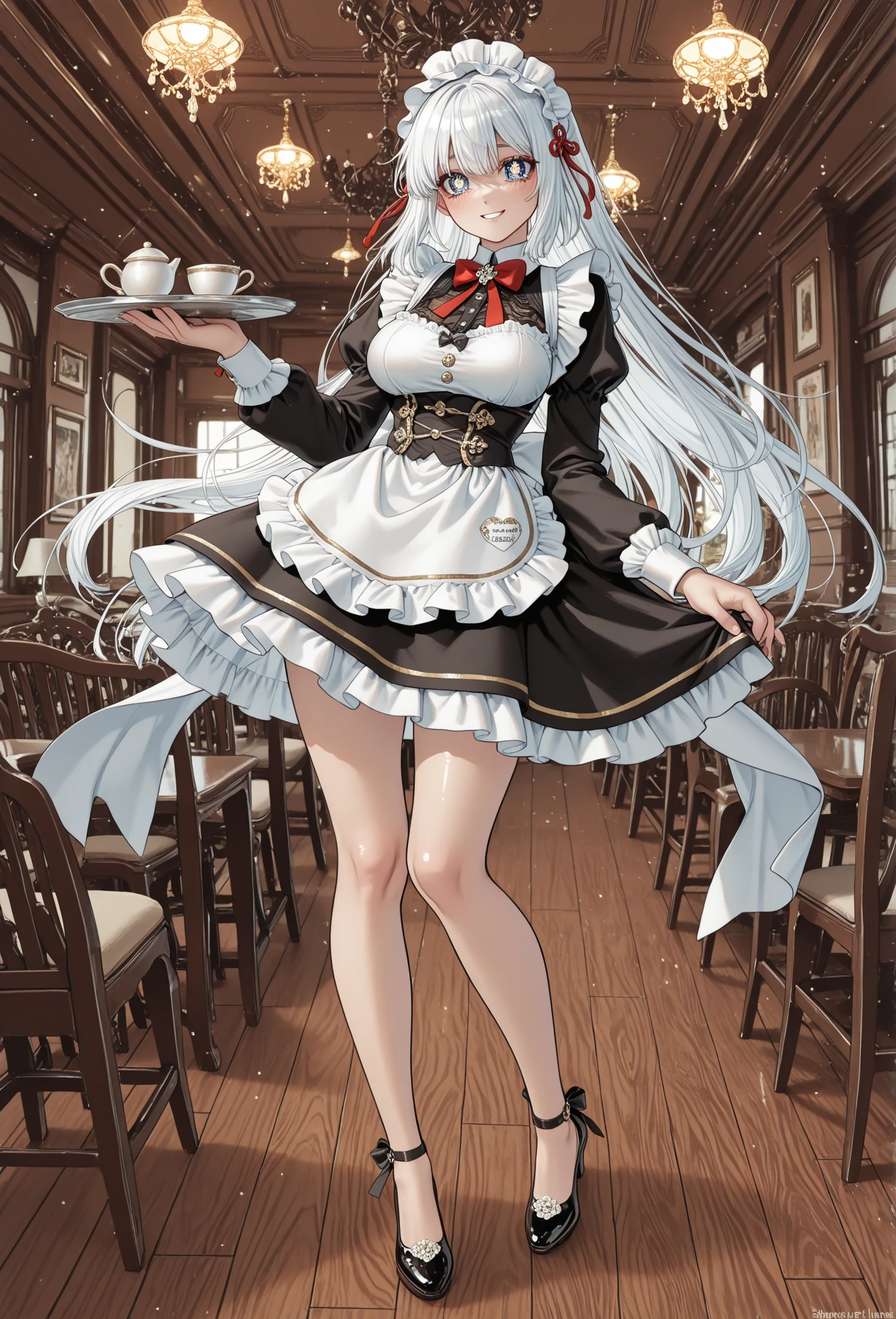 female, standing, right, long_hair, disordered_hair, white_hair, maid in armor, metallic high heels