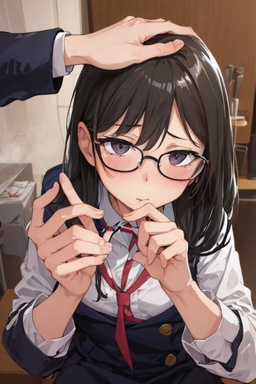 (masterpiece, best quality, ultra-detailed, high resolution, detailed eyes), takeda hiromitsu style, (1mature female), voluptuous body, huge breasts, teacher, makeup, slant eyes, annoyed, black hair up, glasses, navy business suit, pencil skirt, sittng, looking up, pov, thick penis ,(deepthroat:1.2), (boy is grabbing woman's head with both hands), blushing, tears