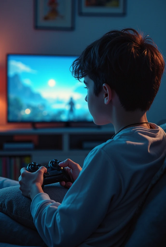 A logo of a boy playing the console in the dark in 3D