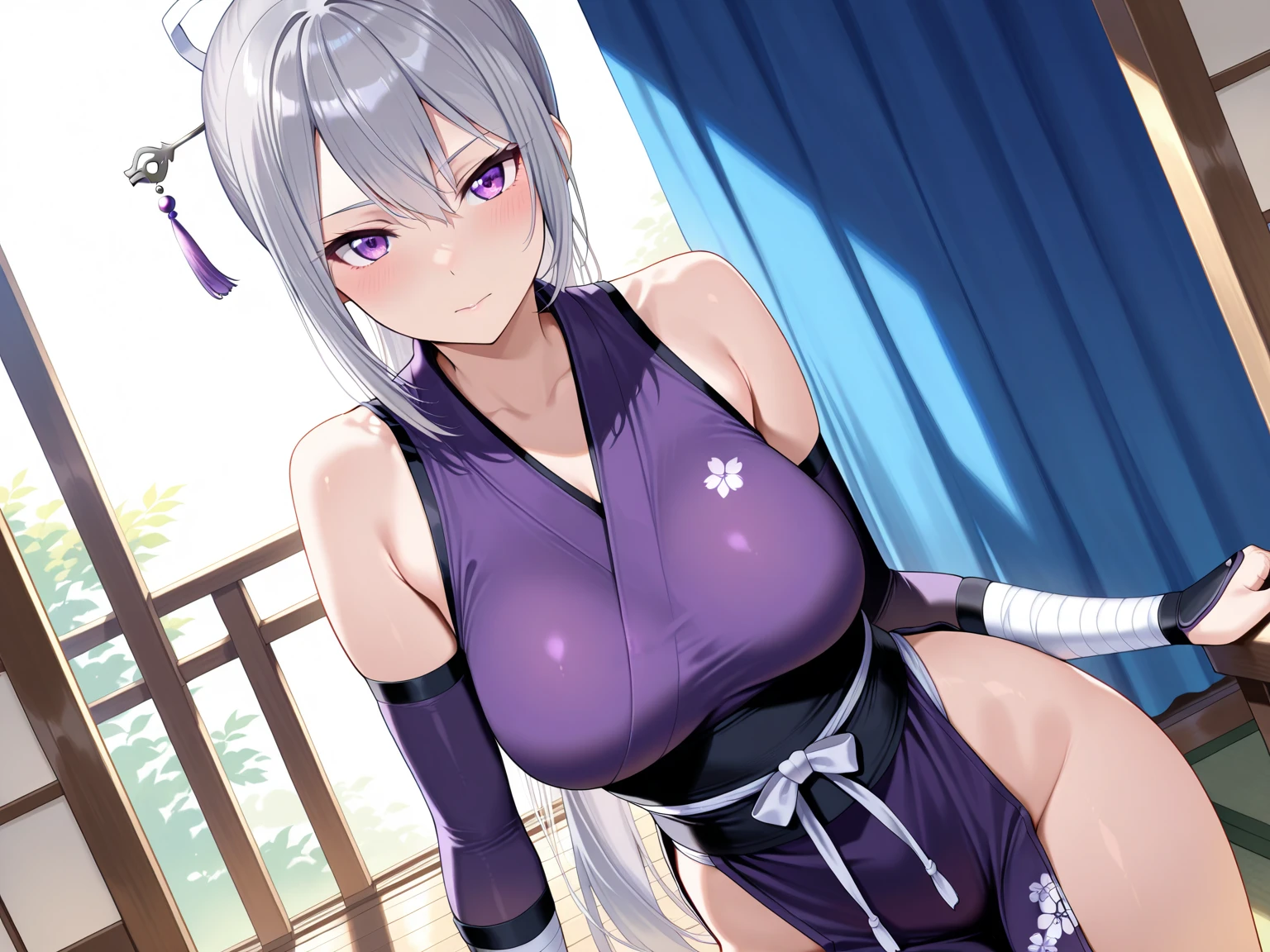 (masterpiece:1.4),(Highest quality:1.4),(Absurd:1.4), (1 female), ((nsfw)), ((pubic hair)), (spread pussy), Ecstasy face, kimono, Silver Hair、ponytail、Drooping eyes
