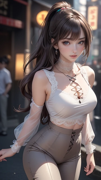 light-brown hair, small breasts, slim waist, thick thighs, shapely butt, slim body, ponytail, tight blouse, micro skirt, cleavage, necklace, seductive posture, breast squeeze, downblouse, leaning forward, park, path, trees, flowers, distant city in the background, looking at viewer, sultry look