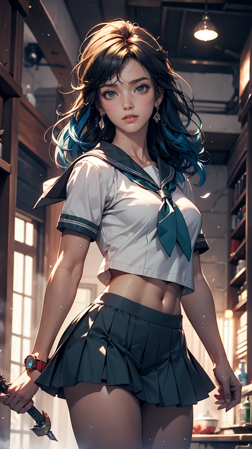 (masterpiece), (highest quality), Realistic, Cinematic Light, Makoto Kino, Sailor Jupiter, stand, Battlefield Background, Perfect body, Blue Hair, uniform  