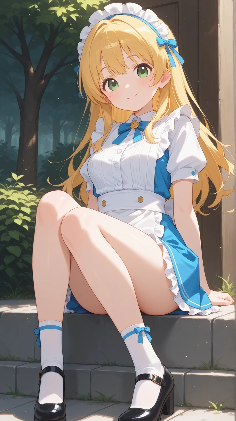 A with a cute Alice in Wonderland blonde wavy headband.、Sitting naked、She spreads her legs wide and shows her butt., anus, and small nipples.。I do not wear underwear。Pose seen from below。are small。Pose that shows your anus。 and anus are spread。Spreading legs with both hands。take off the apron dress。。NFSW
