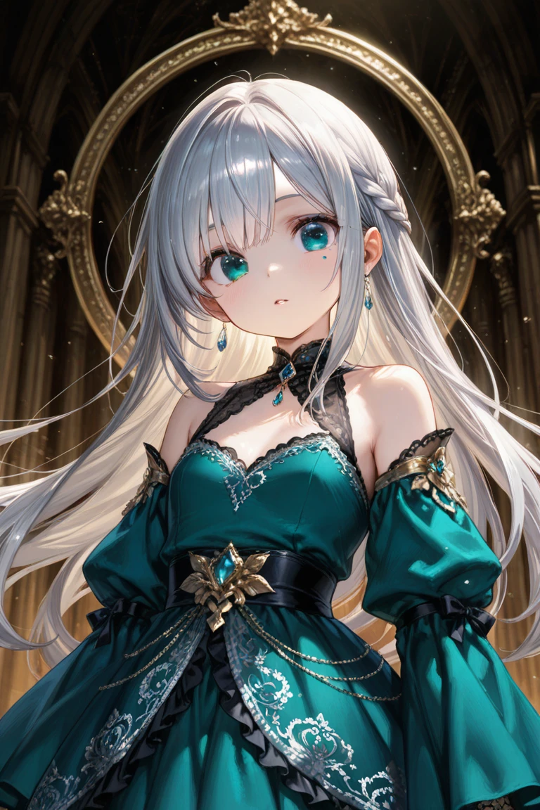 ((dark fantasy)), ((wavy hair, silver hair color, pale skin),(((green aquamarine eyes))), freckles, warm light,( 16 years old),busty,Glamour,Gorgeous,monochromes,erotic posing,Dynamic Posing,Arrange Pose,Dramatic,Cinematic,Detailed background, Dynamic Angle,From the angle of the film,Gothic background, Dark fantastic view,Best Quality,masutepiece,8K,The ultimate detailed dark background, Top image quality、RAW photography、超A high resolution，cropped shoulders, overall look is very erotic、Shot for one person only, model shoot, Large round chest, Beautiful Eyes of Details、Very slender eyes、Beautiful eyelashes、Very slim physique, with blush cheeks,Pearl Beaded Bralet Top, ((pearl top)), opal pearl in hand