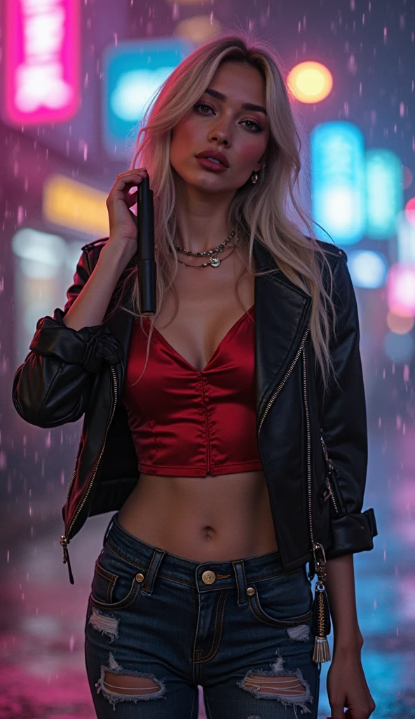 Beautiful effeminate female supervillain with medium length blond hair and piercing blue eyes. She is wearing a pink leather top with exposed mid-riff and hood with a black heart on it and pink leather pants. Black combat boots. She is wielding a pink archery bow and arrows.