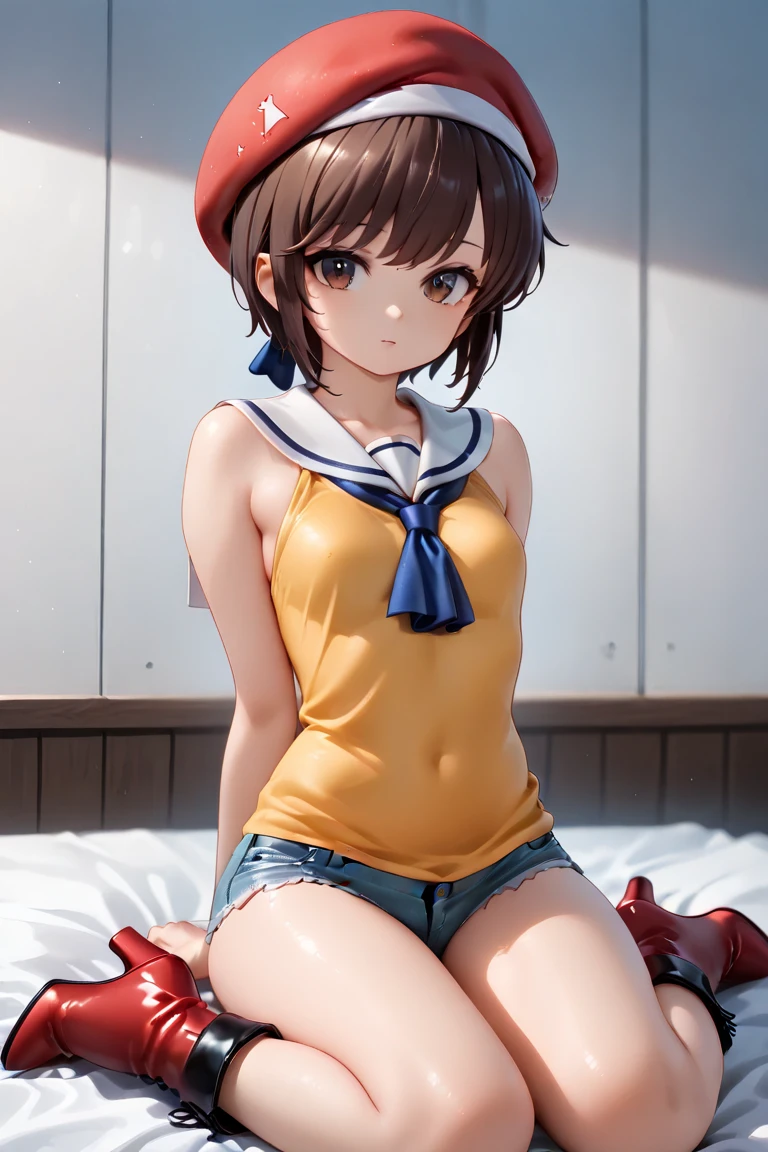 a one woman, russet hair, shaved hair, defined body, wide shot, uhd, high quality, best quality, 8k, highres, (Undressing panties), Cheerleader uniform, downward view