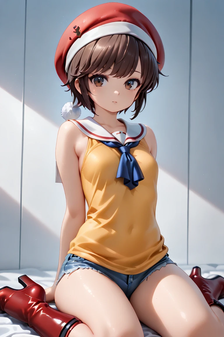 Cute Teenage Girls, Height: about 160cm, Brown eyes, Bob Hair,Perfect body style、Inner tube bra、(Wear an orange short vest as your outerwear.)、Wearing a red loincloth、Underskirt visible through loincloth、 masterpiece, 最high quality, 超high quality, high quality, High resolution, ultla High resolution, Disorganized, 4k, 8K, 16k, Very detailed, Complex, Great shading, High Contrast, Super detailed illustrations, shortening, Perfect Anatomy, Correct Anatomy, Perfect proportions, Perfect Face, Perfect hands, Perfect Legs, Perfect Fingers