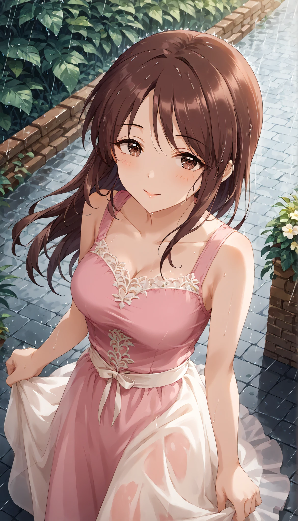 (((masterpiece))),(((High Quality))),(((Mifune Miyu))),(Long Hair),(((Medium Breasts))),((angle from above)),outside,rain,pink tank dress,brown hair,Ulchan - 6500-v1.1, (RAW pictures:1.2), BEAUTIFUL DETAILS, very detailedな目,Beautiful Eyes,beautiful eyes,brown eyes,Large file size, high resolution, very detailed, Highest Quality, [masterpiece:1.6], Awareness-raising, very detailed, CG, fine,Dynamic, Highest Quality, 8K Wallpaper, perfect body,very detailed,Smile Yan