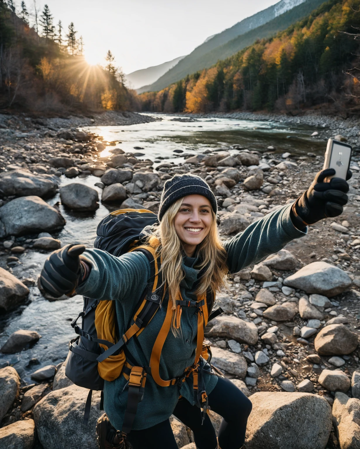 VeronicaChiffre ((upper body selfie, happy)), Meisterwerk, best quality, Ultra-detailliert, nur, im Freien, (Nacht), Gebirge, Natur, (Sterne, Mond) heiter, happy, Rucksack, Schlafsack, Campingkocher, Flasche Wasser, Bergschuhe, Handschuhe, Pullover, hat, Laterne, Wald, Felsen, Fluss, Holz, Rauch, Schatten, Kontrast, klarer Himmel, Stil (Warmer Farbton, Warmer Ton): 1.2), nahaufnahme, Filmisches Licht, Seitliche Beleuchtung, ultra high resolution, Bester Schatten, .RAW, upper body, Pullover Kodak Vision 3 tragen,