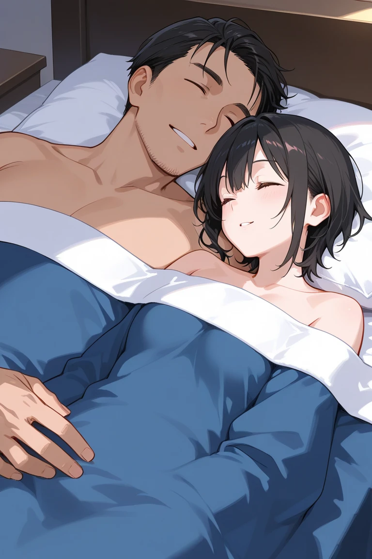 1 girl, short, pixie cut, white hair, purple eyes, Japanese, big breast, no bra, white panties, sexy, full body, 1 boy with long black hair, tall, red eyes, topless, muscular, black pants, cuddling, sleeping together in bed, no blanket