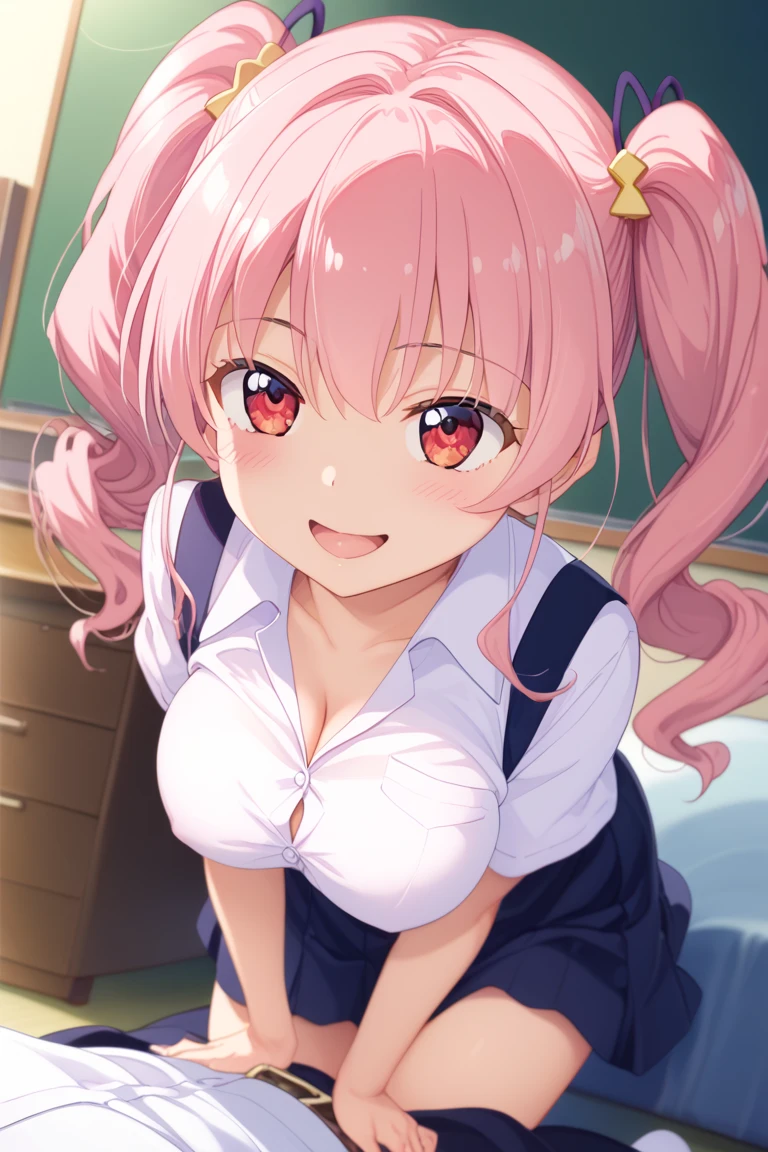 one girl、long twin tails、(pink hair:1.1)、pink eyes,normal breasts,cute face、cute anime illustration、Tsundere、clear eyes、nice、Black hair fastening、,School uniform、of joy、School、upper grade、Composition looking down from above、double teeth、blush all over the face、(Take off your clothes:1.3),pink good、pink underwear、NSFW