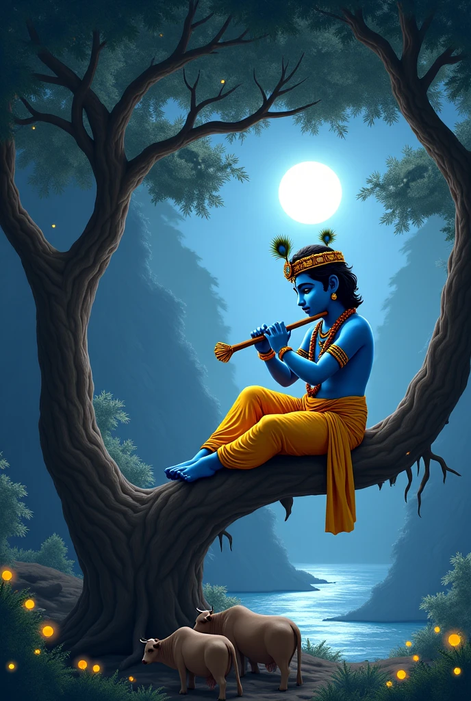 Lord Krishna with a very handsom l body, and beautiful face is sitting on a tree at night playing the flute.