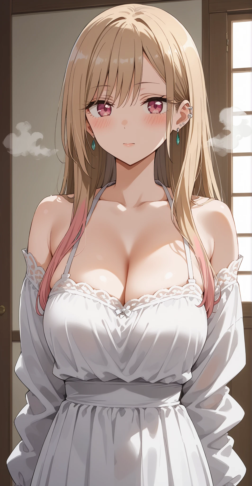 (best quality, ultra-detailed, photorealistic: 1.39), bright and vibrant colors, studio lighting, romantic expression, An effeminate girl, with a delicate and beautiful face. She is a girl who reflects seductive beauty, sparkling eyes, A beautiful adult woman with mango-colored hair, with her large breasts seduces, wearing a strapless white dress, with a lace belt at the waist, with her blue eyes that matches her soft smile, in a beautiful pose demonstrating her seduction on a beach beautiful as a background, with several little purple hearts in the background, she is in love, anime style, Anime Bishoujo