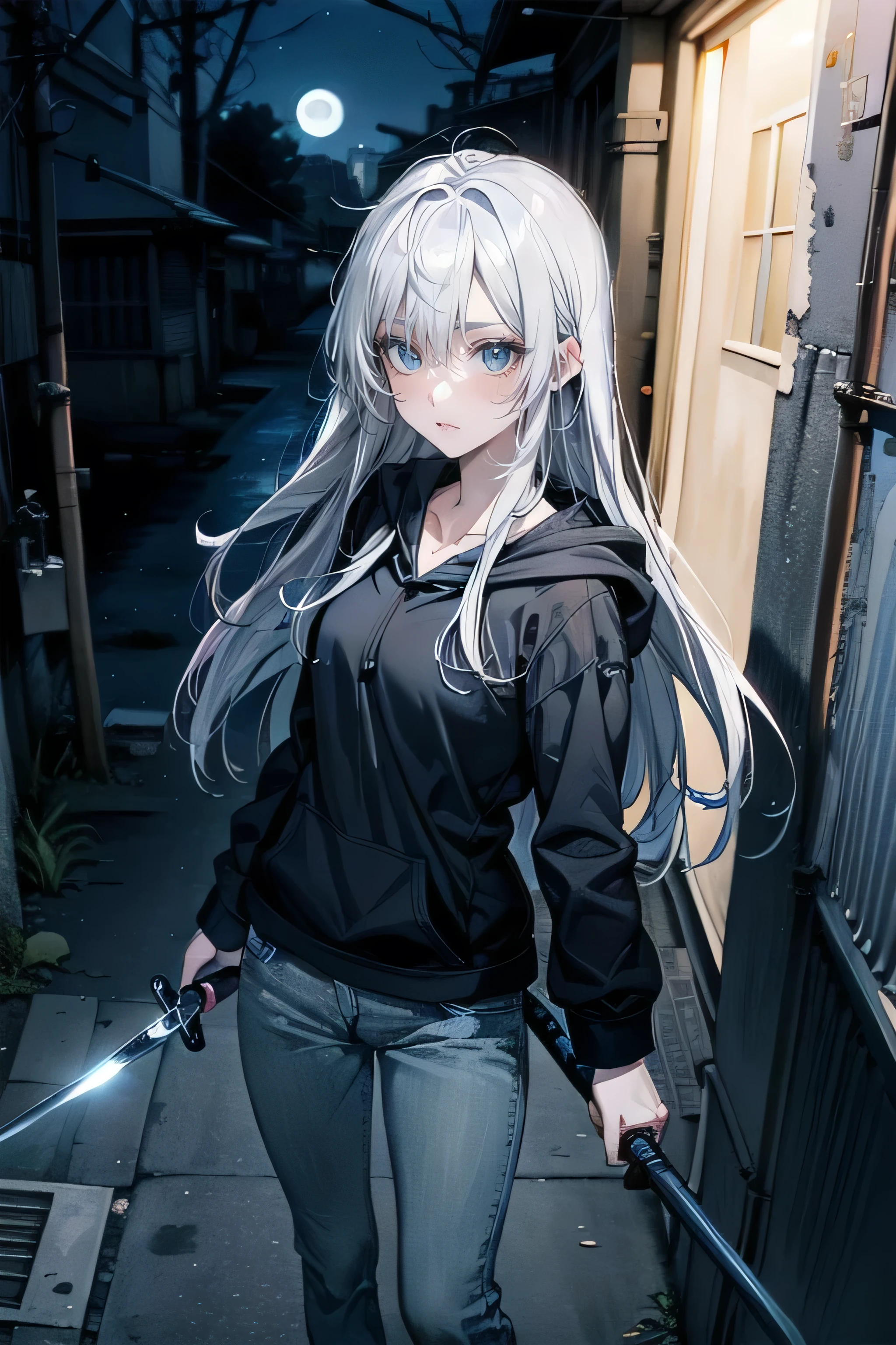 (masterpiece), (best quality), ultra detailed, finely detailed color, cenematic painting, ((holding dagger)), urban, ((night:2)), alley, ((slum)), ((high angle)), bishoujo, ((one lady)), 20-year-old lady, cute face, white hair, absurdly long hair, straight hair, ((deep blue eyes:1.5)), ((black hoodie)), long jeans, walking, slender body, small chest, dark background