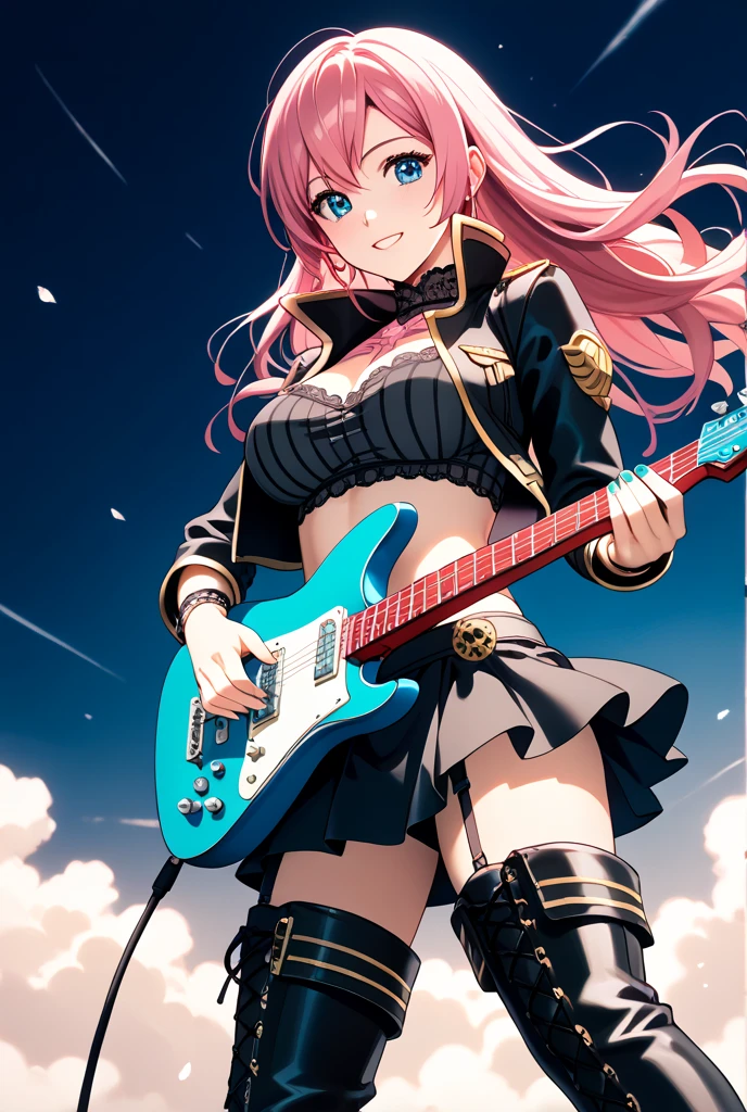 Anime Style,Nostalgic,Detailed background,Magical World,A lively bar with lots of people,Beautiful sky,Smiling beauty,guitar,Large Breasts,Healthy thighs