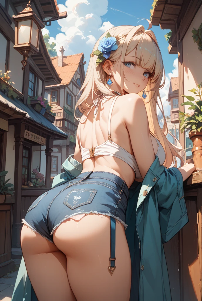 Anime girl in a bikini sitting on a ledge with a clock tower in the background (((Angle from directly below))), Beautiful details, 16K, Absurd, masterpiece, Super detailed, beautiful girl, ((Detailed shiny detailed feminine shiny padded white panties backside)), One girl crouching, (((Panty Force))), From behind, Platinum Blonde Hair、Panty shot、View from below、