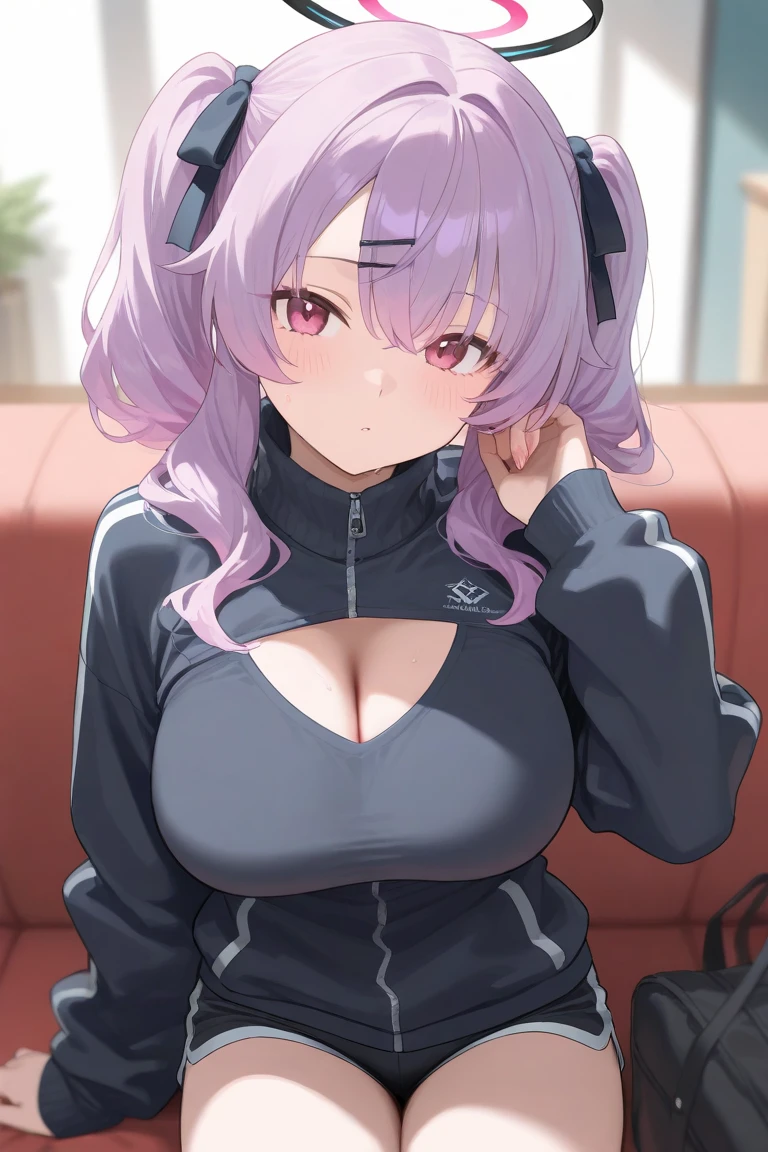Wolf Woman, Big Breasts, Voluminous purple hair, One girl, masterpiece , Red eyes、Double teeth、tooth、Blushed cheeks、 hd, Head to Chest, buried in my chest、Underbust、Cleavage、hoodie、Shorts、Sweat in the valley、Sports Bra、On the sofa、Newsboy hat、Big Tits