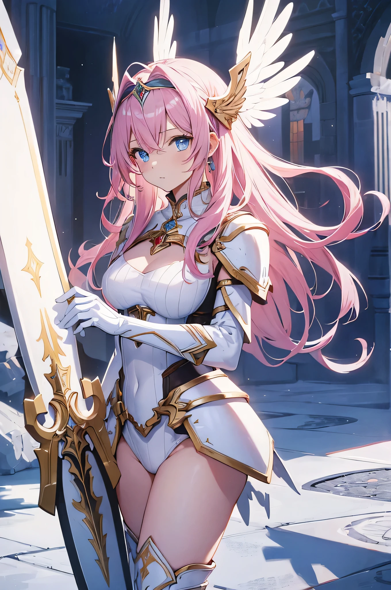 NSFW, masterpiece、highest quality、ultra high resolution、maximum resolution、very detailed、professional lighting、anime、adult woman、thin、so beautiful、beautiful face、armored dress、White full plate armor、Golden decoration、luxurious tiara、Golden earrings、Frilly Armor、pink hair、Golden Eyes、gold belt、cloak、Priest、Holds a gorgeous walking stick and book、white underwear、Monsters and combat, Into the forest