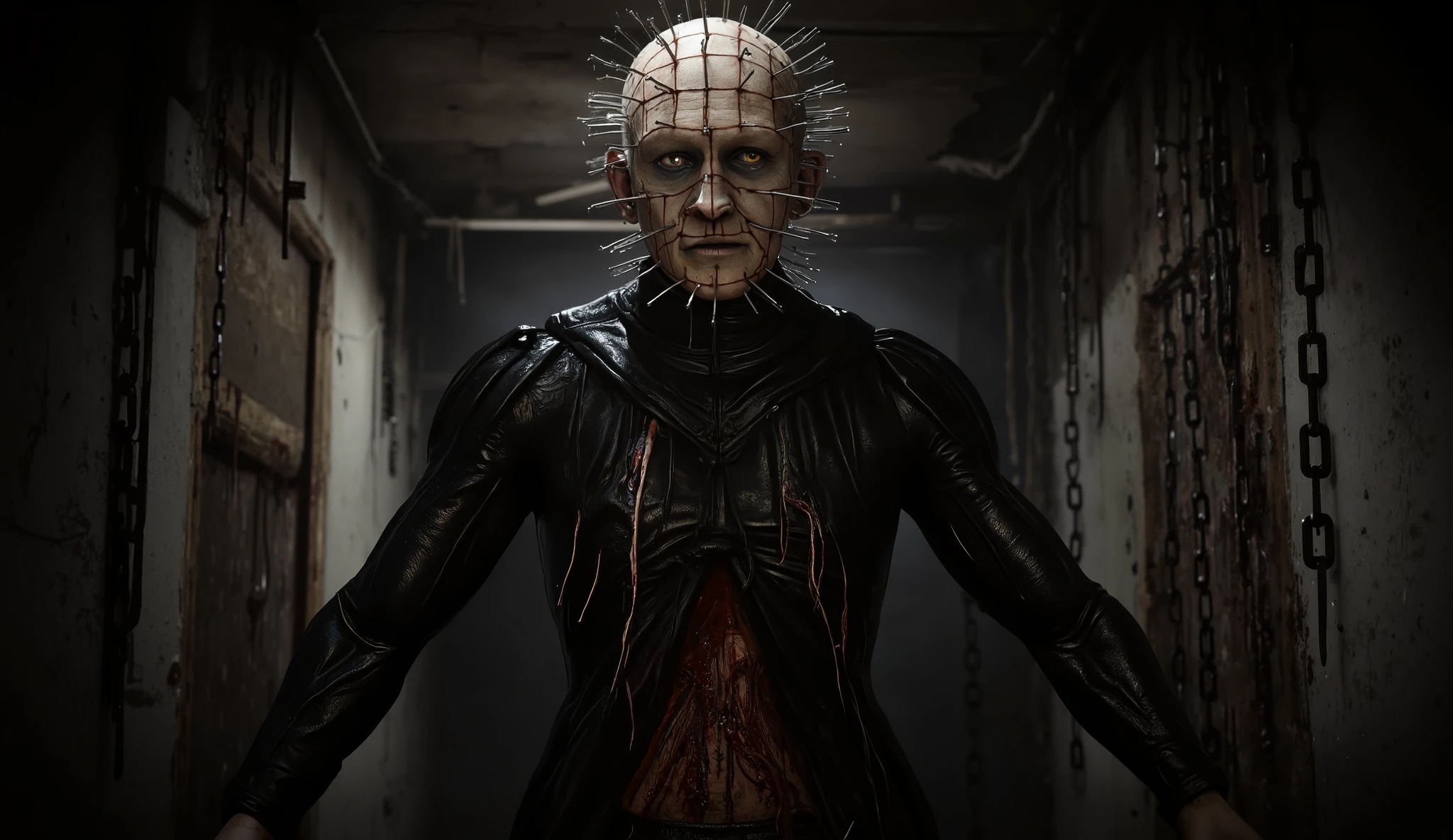 Pinhead, dilapidated house, blood, chains, attic background, high detail, masterpiece.