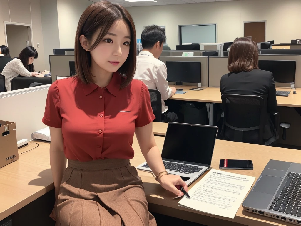 Japanese women、offece lady、30 years old、Check this out and get encouraged、Talk to、Formal attire、 long tight skirt、Fresh brown hair、Medium Bob、desk work、daytime office、On duty、laptop、document、Red ballpoint pen