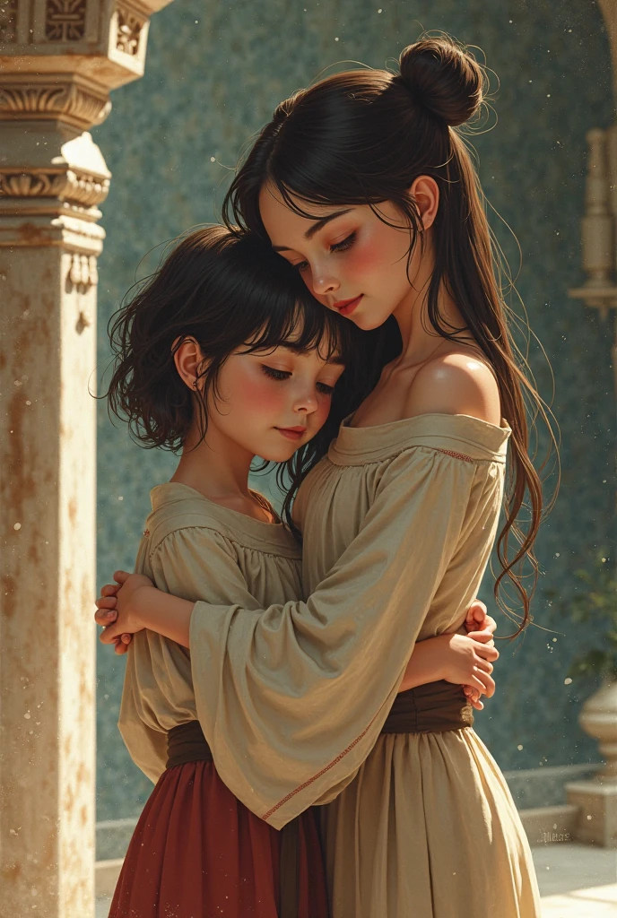 Create for me, the image of the same girl, about 10 years old, from ancient Babylon, being carried on her lap by the ancient king Darius of Persia, King Darius must be on his back holding the girl on his lap, so that the girl's face is facing the image.
I want her facial expression to be one of fear.
I want a high-definition, 8k image, hand defects or blurs.