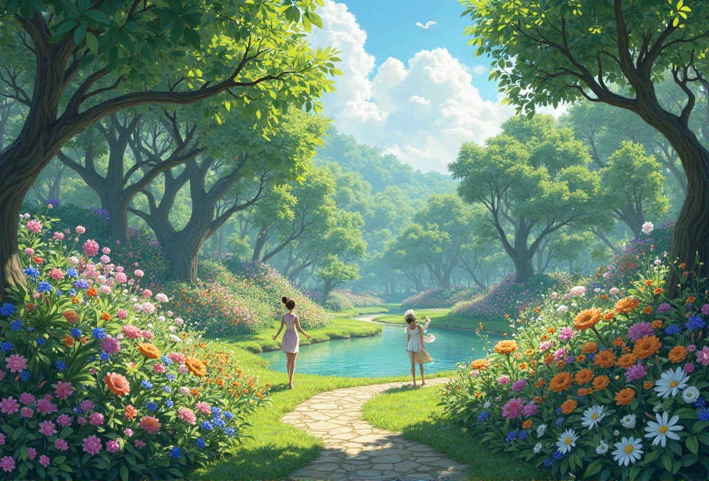 Little Cybele had an older sister named Belinda. Belinda, with her short, brunette hair, also loved the beauty of the Butterfly Garden. The two sisters shared special moments together, playing and exploring every nook and cranny of this place. Cybele and Belinda were like two flowers in full harmony, spreading joy and charm wherever they went. Illustration of "happy" in a flower garden. Blue sky of clouds tending the garden with butterflies. Beautiful illustration, beautiful painting, beautiful UHD 4k art, beautiful art, a beautiful art illustration, guweiz style art, beautiful painting, atey ghailan 8k, artgerm and atey ghailan, (long blonde hair) taking care of butterflies, (butterflies). (best quality, masterpiece), happy, particle, wind, flower, full body, garden background, looking at butterflies. --auto