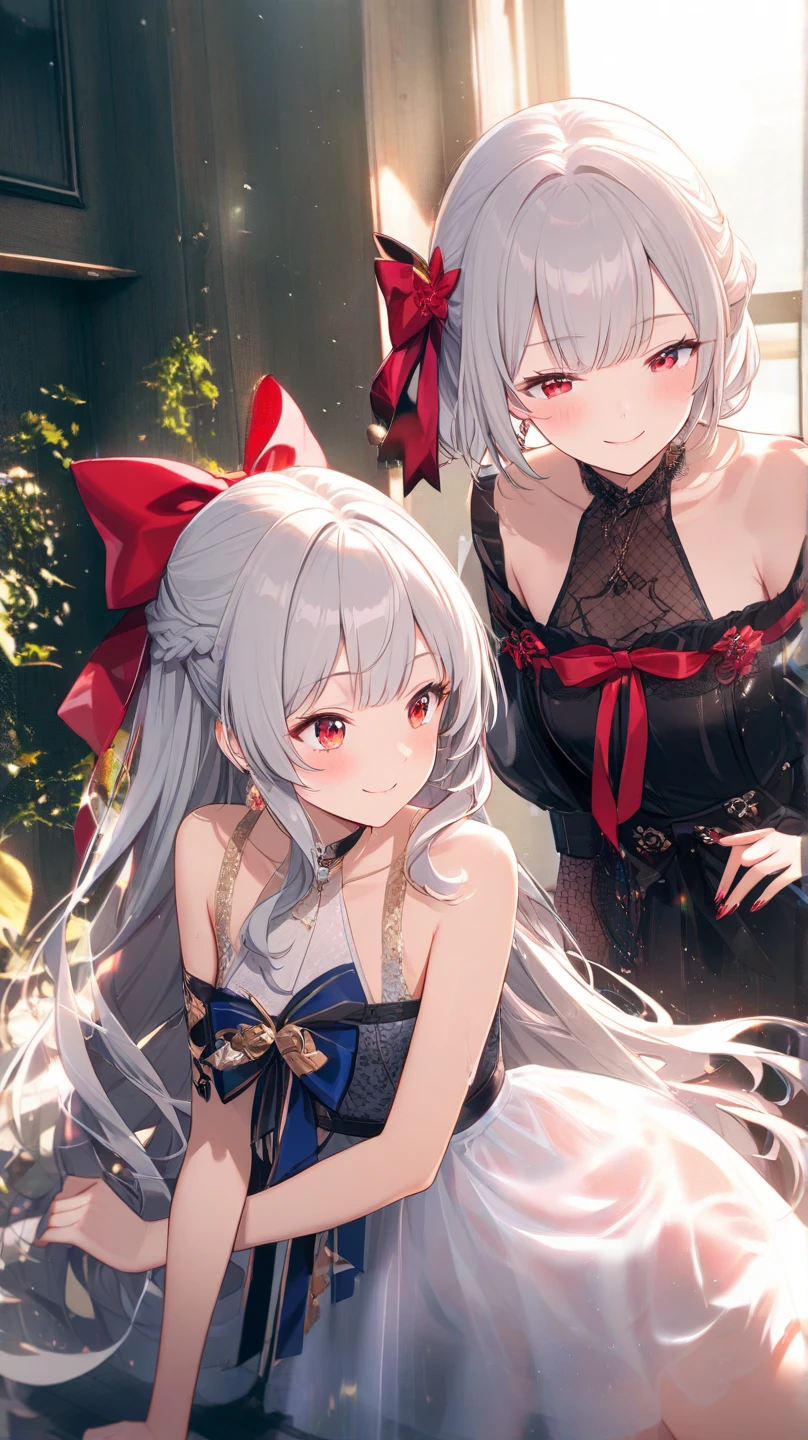 light brown hair girl,gray hair,twin tail,red ribbons,emerald green eyes, fair skin ,Dynamic Angle,Front shot, metaverse Idol,2 girls,Very cute girl, very detailed beautiful face and eyes, naughty smile,sing a song, microphone,wedding dress,pink,