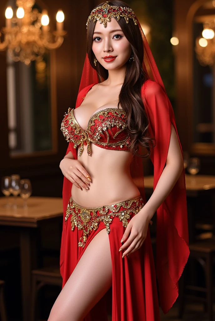 a beautiful attractive woman in luxury belly dance burgundy red suit , perfect face and body , in ancient gold theater background, intricate chain jewelry suspenders, beautiful tight breast, medium long body shot