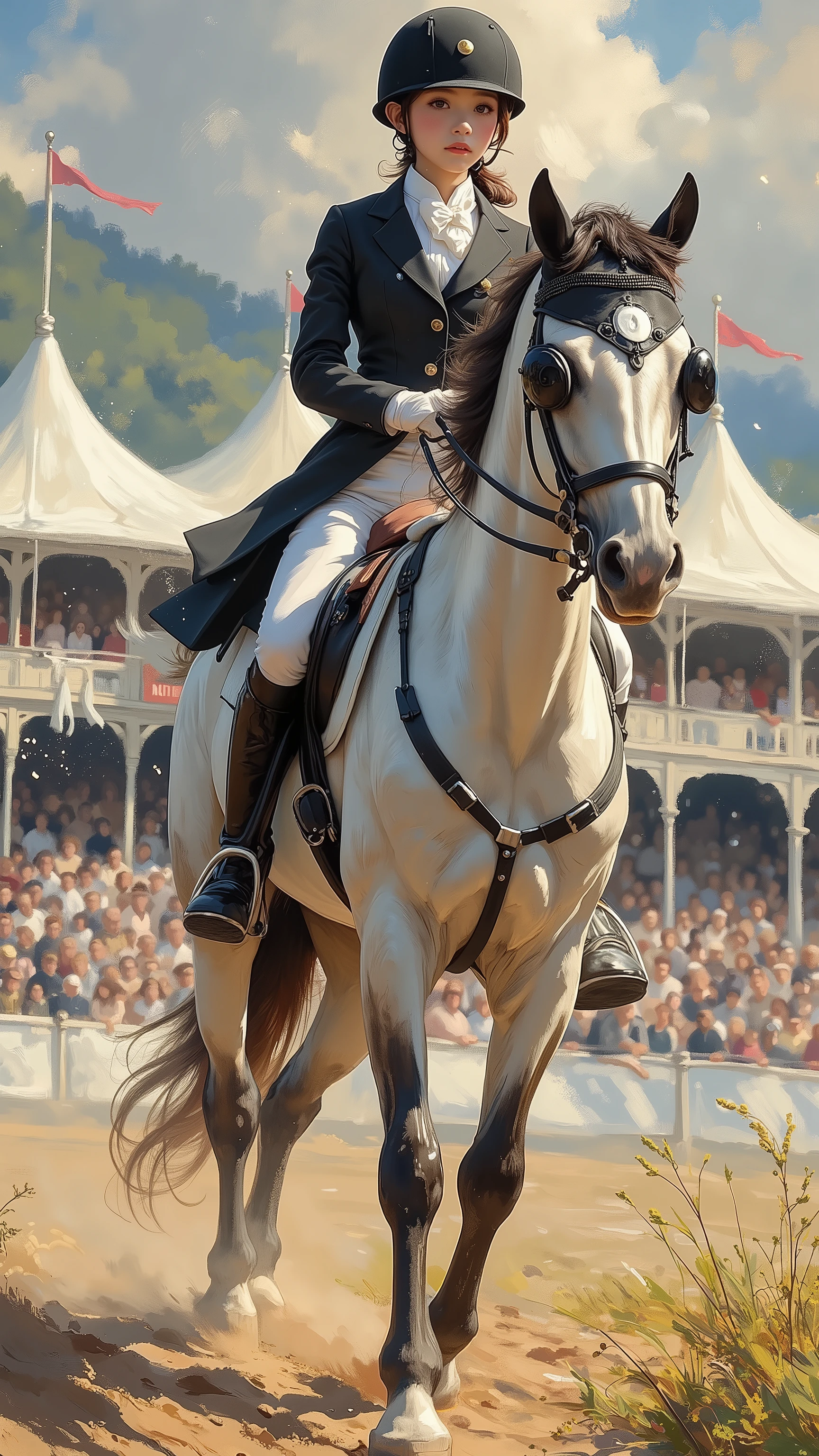 (8k, top quality, Masterpiece),{ is present, RAW Photo , super fine clear , portrait, ( It is influenced by Impressionist painting:1.6)}, Equestrian Games , hourse riding, Female Japanese Jockey, black tailcoat , no helmet, white culottes , leather boots。