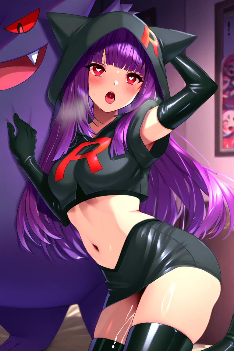 <lora:Zoe_Palworld_v3:0.7> zoe_palworld, fake ears, fake cat ears, fake animal ears, navel, jacket, black jacket, long hair, hat, two-tone hair, black headwear, jewelry, necklace, crop top, purple eyes, skirt, navel, pendant, choker, collarbone, open clothes, open jacket, smirk, leaning forward, one breast out, pulled by self, nipple, nsfw, medium breast,
BREAK detailed background:1.3, temple, neon lights, pillar, black stone,