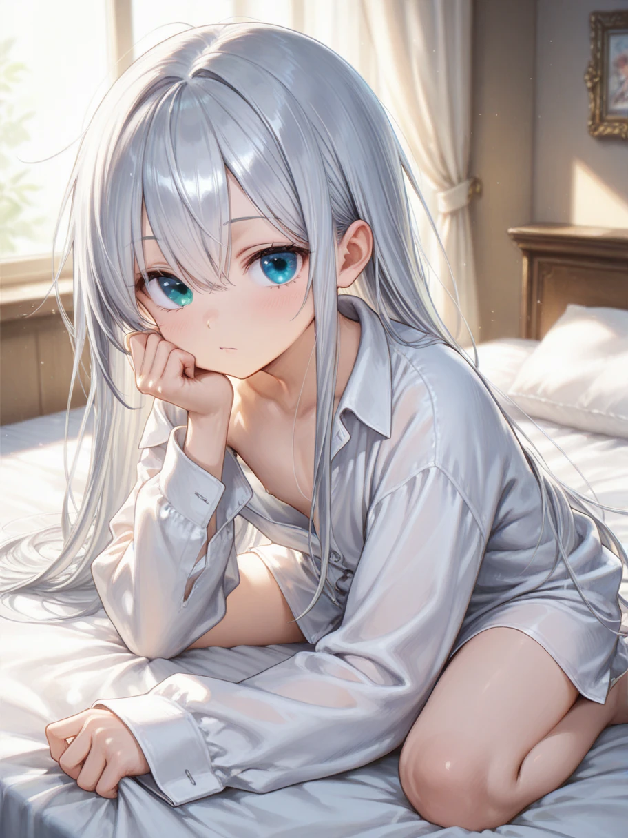 ((best quality)), ((masterpiece)), (detailed), 1 Girl,bedroom, Silver Hair,Silver pupils,bend over,Lean forward,Barefoot,Slender figure,Slim body,9 years old,Bangs,Slightly curly long hair,bedroom,beautiful girl,Beautiful face,Oval face,big eyes,Light makeup,Minors,Disheveled,Shy expression,Lots of details,Ultra-clear texture,Light and color,Face takes up 1 screen/4,Correct perspective,Correct body structure,Correct posture,Ultra detailed lips,Eyes with lots of detail