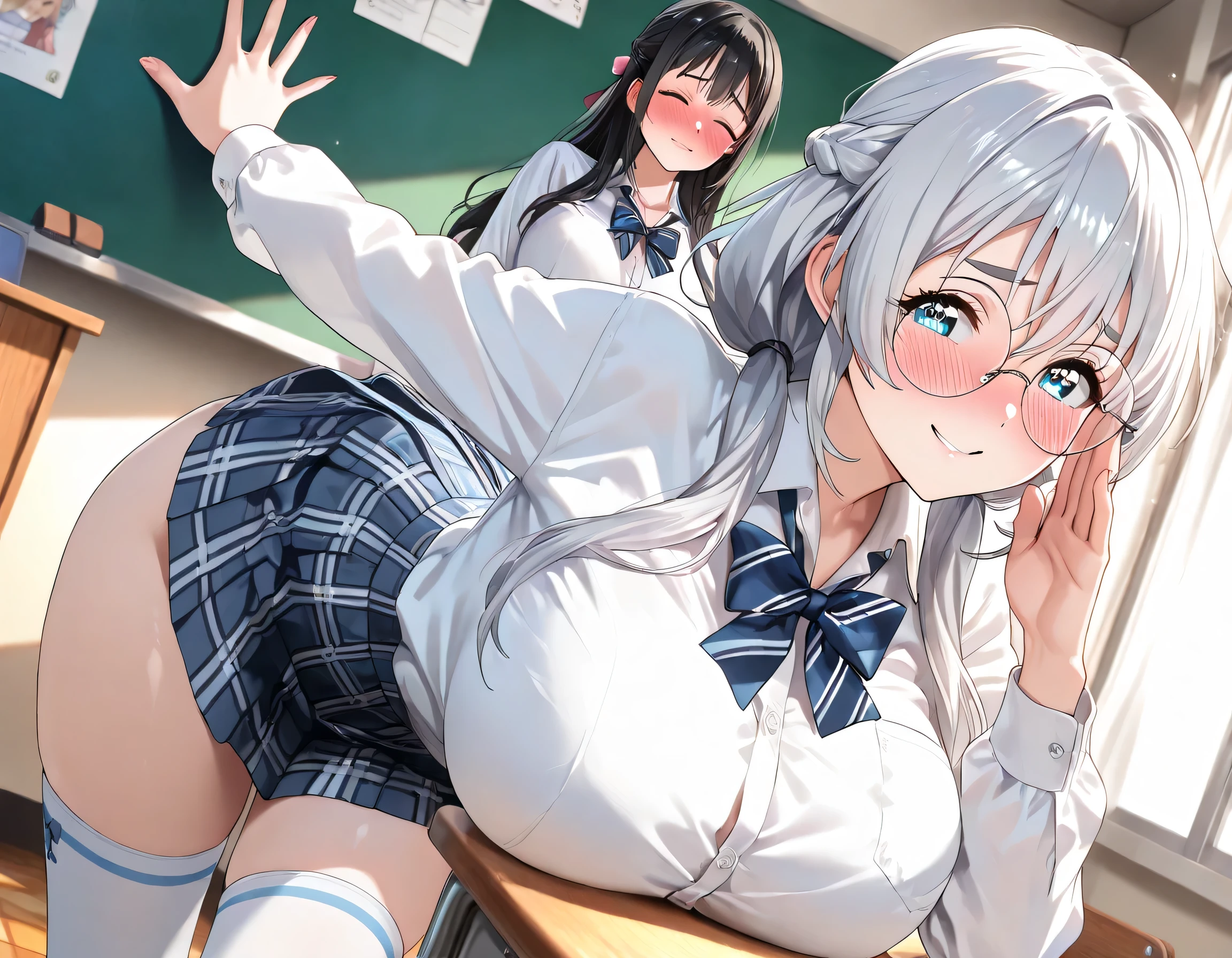 ((ultra-detailed)), (highly detailed CG illustration), (best quality:1.2), ultra-highly detailed, colorful composition, artistic photo, 2girls:1.3, Yuri:1.3, nsfw, smile, shy:1.3, slaver:1.3, Yuri kiss:1.3, closed eyes:1.3, full face blush:1.2, looking viewer, Scowboy shot,BREAK
(girl A is Sena:1.2), moe anime character, girl, dainty facial structure, baby face, round face, rounded chin:1.2, ideal ratio body proportions, thick eyebrows, half updo, sagging eyes, long hair, black hair:1.3, brown eyes, (wearing glasses:1.3), (round eyewear:1.3), black hair color:1.3, half updo, ample breasts, blue stripe neck bow, long sleeves white shirt, blue checked pleated skirt, and white high socks, smile, shy:1.3, slaver:1.3, Yuri kiss:1.3, closed eyes:1.3, full face blush:1.2, BREAK
(girl B is Marika:1.2), girl, baby face, ideal ratio body proportions, blue eyes, sparkle eyes, sagging eyes, silver hair color, twin drills, ample breasts, blue stripe neck bow, long sleeves white shirt, blue checked pleated skirt, and white high socks, smile, shy:1.3, slaver:1.3, Yuri kiss:1.3, closed eyes:1.3, full face blush:1.2, BREAK
standing in the school classroom, best quality, masterpiece, dynamic angle, joyful pose, dynamic pose, contrapposto pose, from front:1.3, expecting, pink cheek, blush, light pink gloss slip, portrait, depth of field, soft lighting, sidelighting, shine, lighting, caustics, ray tracing, perfect face, lustrous skin, highly detailed face, perfect face, perfect nose, perfect hair, perfect anatomy, beautiful hair, beautiful small face, extremely detailed face, beautiful clavicle, beautiful body, beautiful huge breasts, leavage, breasts squeezed together, equalize the size of the left and right breasts, beautiful thin thighs, beautiful legs, beautiful fingers, 4 fingers, 1 thumb, lovely, (very detailed background:1.0), (highly detailed background:1.0), summer aesthetic, intricate details, joyful atmosphere, summer colors palette, chromatic aberration