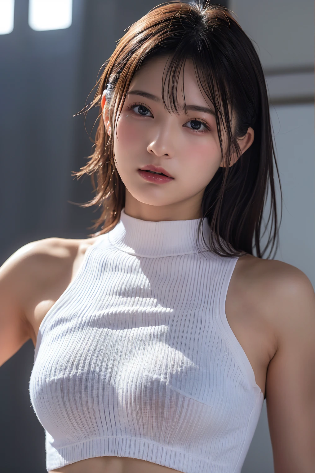 (Highest quality:1.4),(masterpiece:1.4),(Realistic:1.4),(Realistic:1.2),(超High resolution, RAW Photos:1.4),(High resolution, Ultra-detailed:1.2),(8k:1.2),Cinematic photography,a photo of a dark-haired,One girl,alone,wear ,((Japanese female warrior))、((Upper Body:1.3))、Raise your arms to show your sides