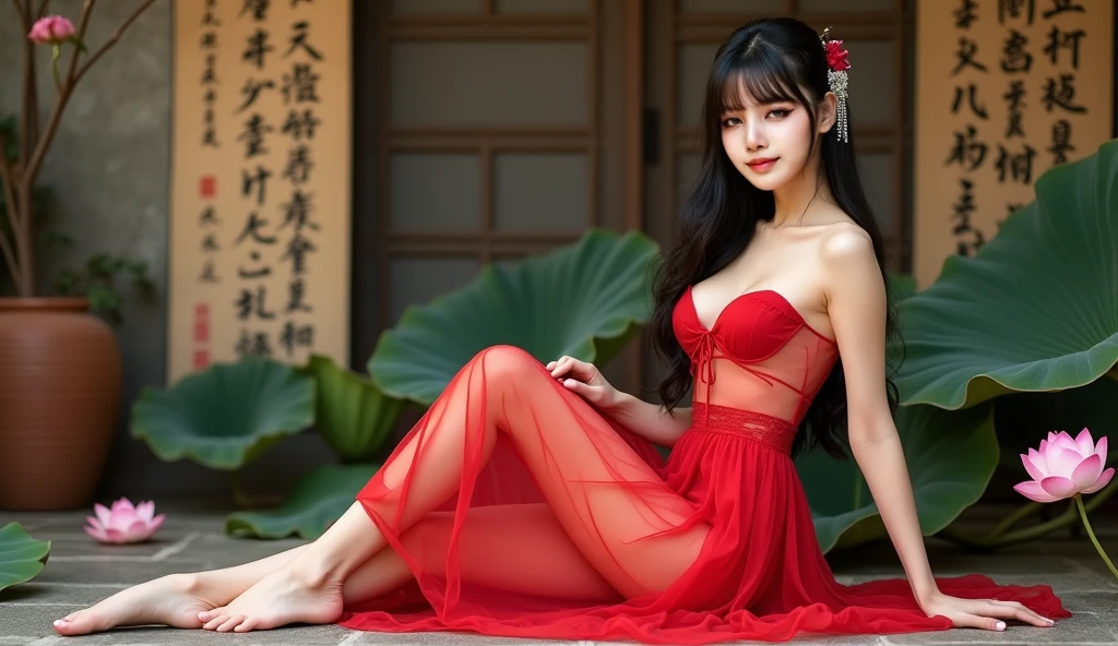 Close up portrait of woman in red dress posing for photo, sexy red dress, Japan goddess, gorgeous Japan model, beautiful idol, sexy girl, dress with open chest and legs, smiling, red hair ornament