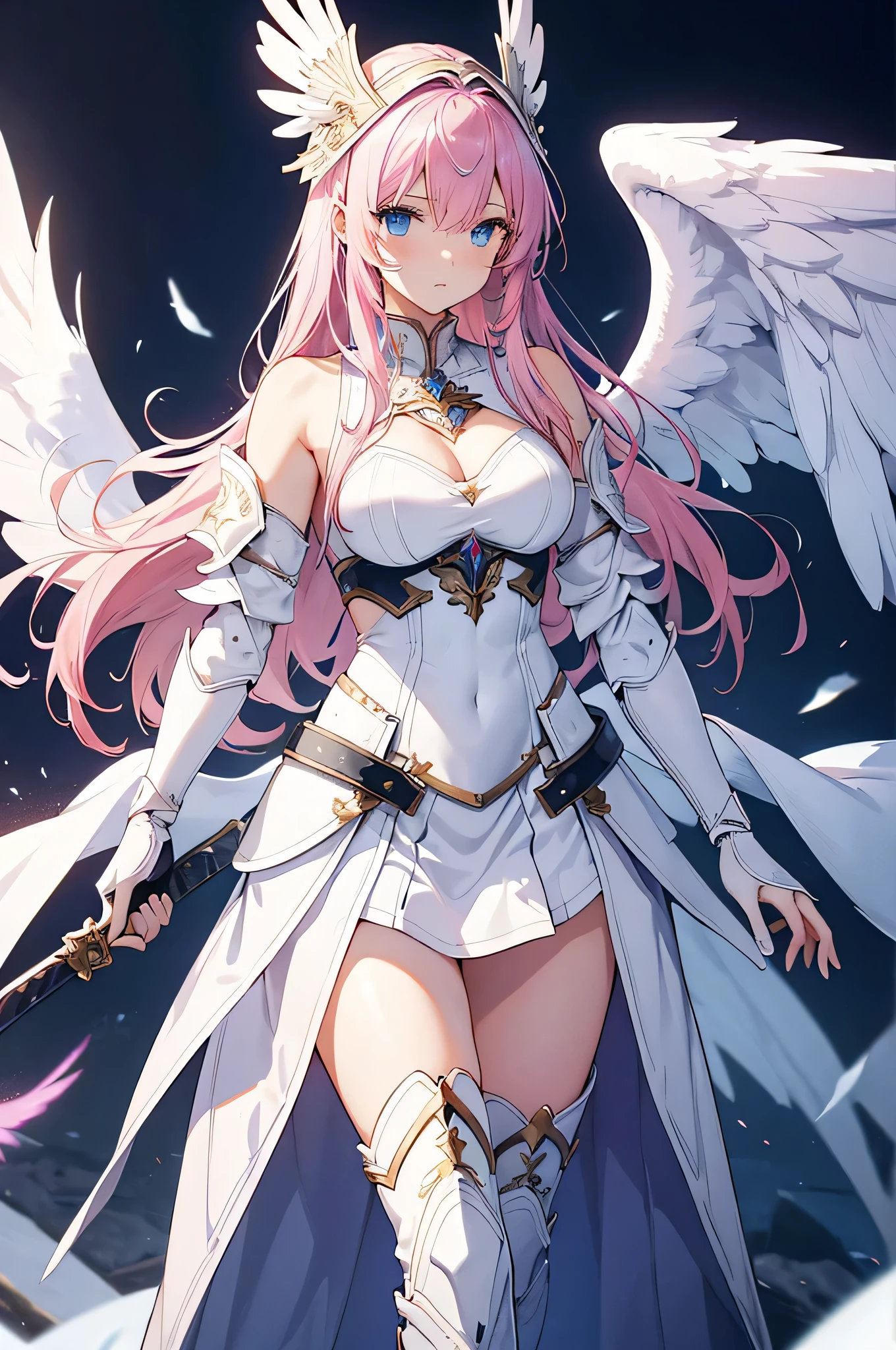 4k,High resolution,One Woman,White red hair,long hair,Braid,Blue Eyes,Big Breasts,Athena,White Holy Dress,White Holy Glove,White Holy Boots,Winged headgear,Jewelry decoration,Gold decoration,Holy Sword,Temple in the Sky