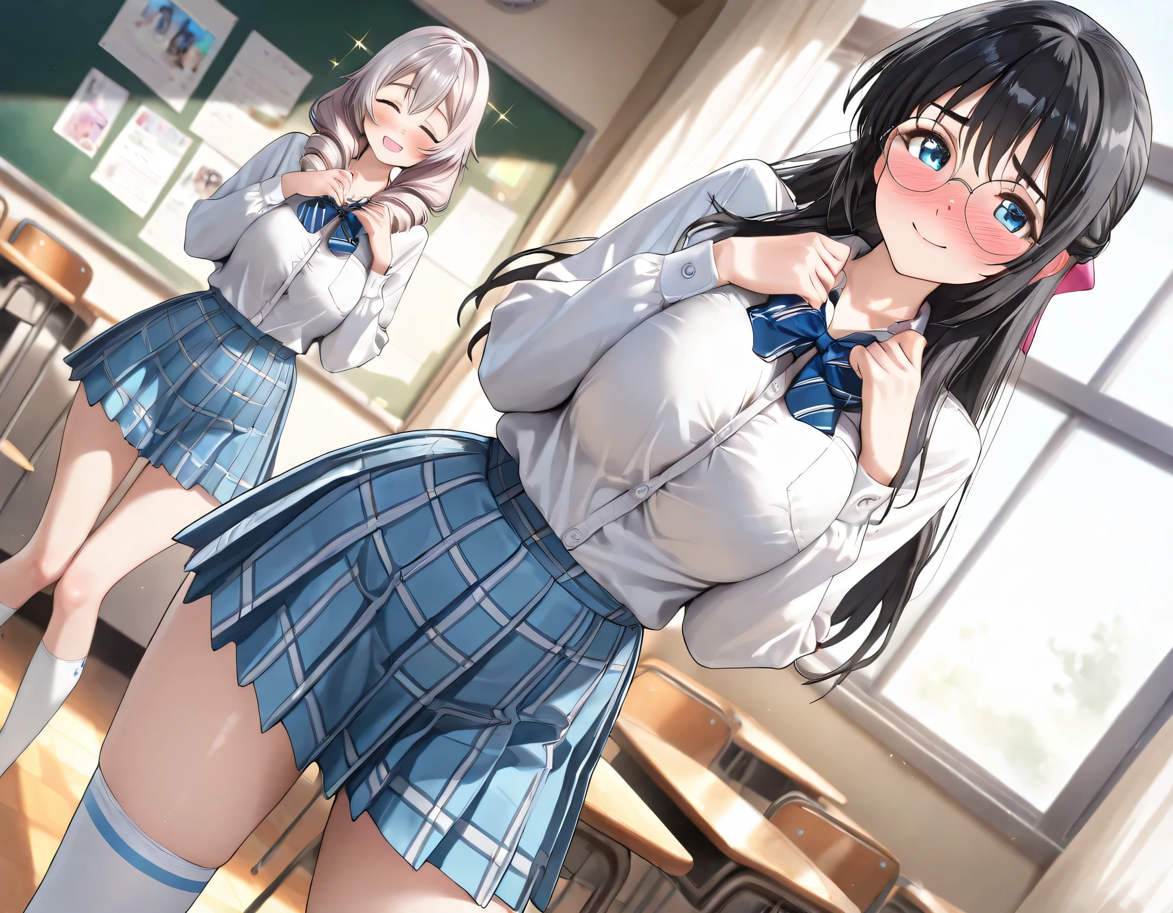 ((ultra-detailed)), (highly detailed CG illustration), (best quality:1.2), ultra-highly detailed, colorful composition, artistic photo, 2girls:1.3, Yuri:1.3, nsfw, smile, shy:1.3, slaver:1.3, Yuri kiss:1.3, closed eyes:1.3, full face blush:1.2, looking viewer, Scowboy shot,BREAK
(girl A is Sena:1.2), moe anime character, girl, dainty facial structure, baby face, round face, rounded chin:1.2, ideal ratio body proportions, thick eyebrows, half updo, sagging eyes, long hair, black hair:1.3, brown eyes, (wearing glasses:1.3), (round eyewear:1.3), black hair color:1.3, half updo, ample breasts, blue stripe neck bow, long sleeves white shirt, blue checked pleated skirt, and white high socks, smile, shy:1.3, slaver:1.3, Yuri kiss:1.3, closed eyes:1.3, full face blush:1.2, BREAK
(girl B is Marika:1.2), girl, baby face, ideal ratio body proportions, blue eyes, sparkle eyes, sagging eyes, silver hair color, twin drills, ample breasts, blue stripe neck bow, long sleeves white shirt, blue checked pleated skirt, and white high socks, smile, shy:1.3, slaver:1.3, Yuri kiss:1.3, closed eyes:1.3, full face blush:1.2, BREAK
standing in the school classroom, best quality, masterpiece, dynamic angle, joyful pose, dynamic pose, contrapposto pose, from front:1.3, expecting, pink cheek, blush, light pink gloss slip, portrait, depth of field, soft lighting, sidelighting, shine, lighting, caustics, ray tracing, perfect face, lustrous skin, highly detailed face, perfect face, perfect nose, perfect hair, perfect anatomy, beautiful hair, beautiful small face, extremely detailed face, beautiful clavicle, beautiful body, beautiful huge breasts, leavage, breasts squeezed together, equalize the size of the left and right breasts, beautiful thin thighs, beautiful legs, beautiful fingers, 4 fingers, 1 thumb, lovely, (very detailed background:1.0), (highly detailed background:1.0), summer aesthetic, intricate details, joyful atmosphere, summer colors palette, chromatic aberration