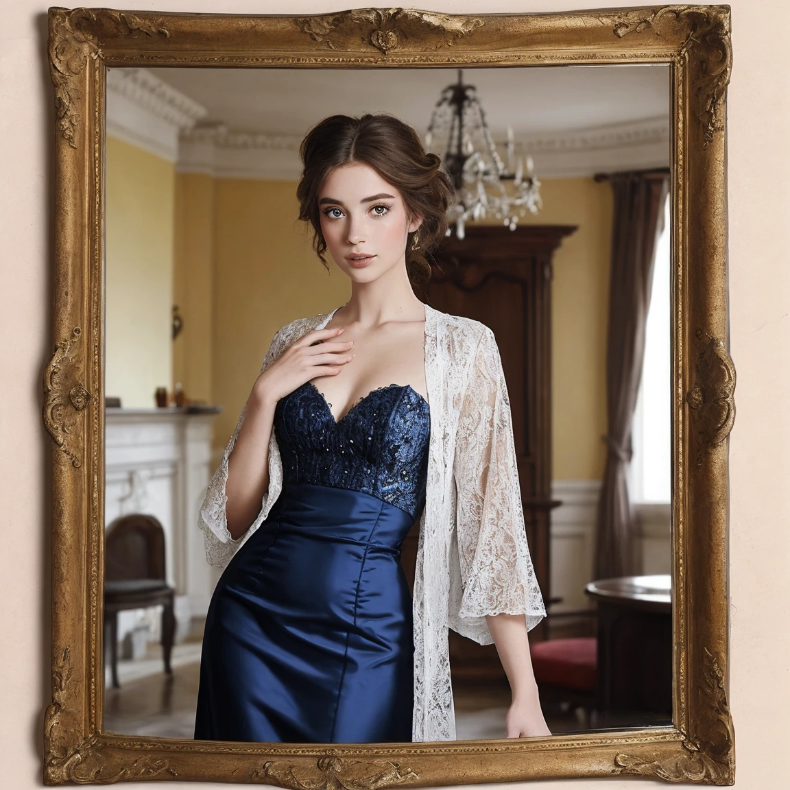 Blue attire wear by a woman in ornate musee du louvre<lora:add_detail:0.6>