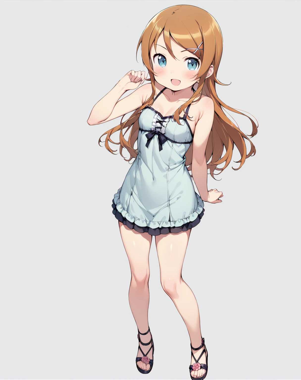 (masterpiece), (ultra-detailed), best quality, 8k,neuro-sama,flat chest,fullbody,frilly bikini skirt, blue bikini,frilly bikini top,standing straight,toned stomach,beach,smiling,1girl