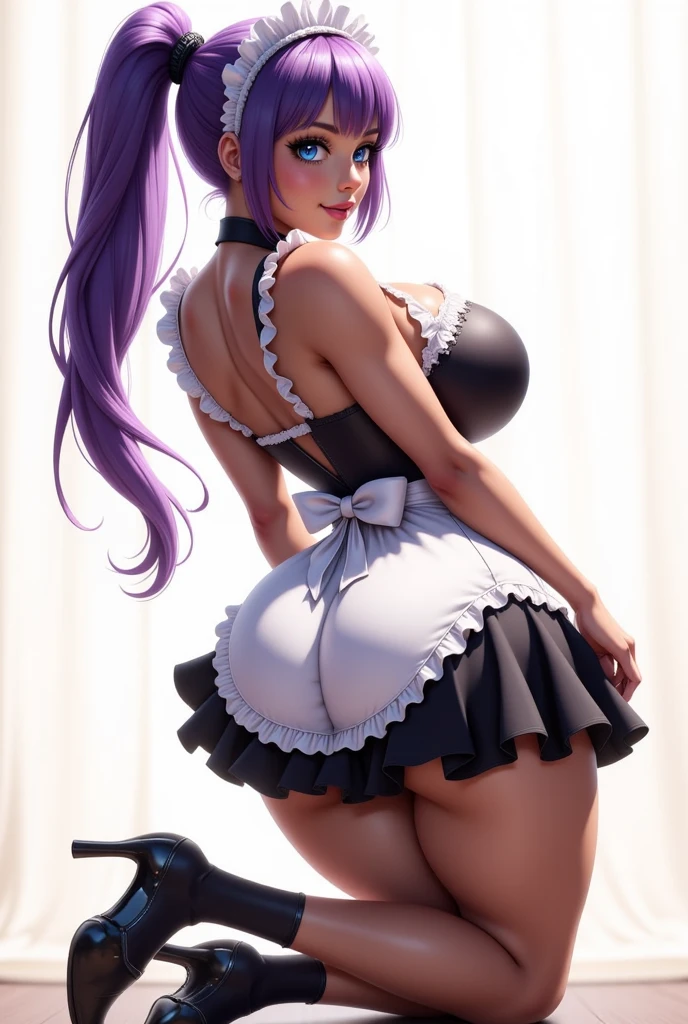 (isade),,(Super gigantic breasts:1.5),(big ass),(super sexy mature body of 20 years old),(pretty), (super hot), (dark skin), (long dark purple hair and dark purple eyes), (The gigantic breasts with the bust of 387.6cm in length), (Height 1.72),(beautiful young woman),(super beautiful 18 year old teenager),( wearing),+,(\dressed as a maid, and maid clothes and super revealing on the back, I lowered the short skirt a lot, showing my legs, and a little of my panties, and the part of the apron at the back of the skirt is very low, showing her delicious buttocks, and over the maid uniform it looks like a very short and sensual bra, and she has a big ass and super big breasts, she is super busty and has very big buttocks)/