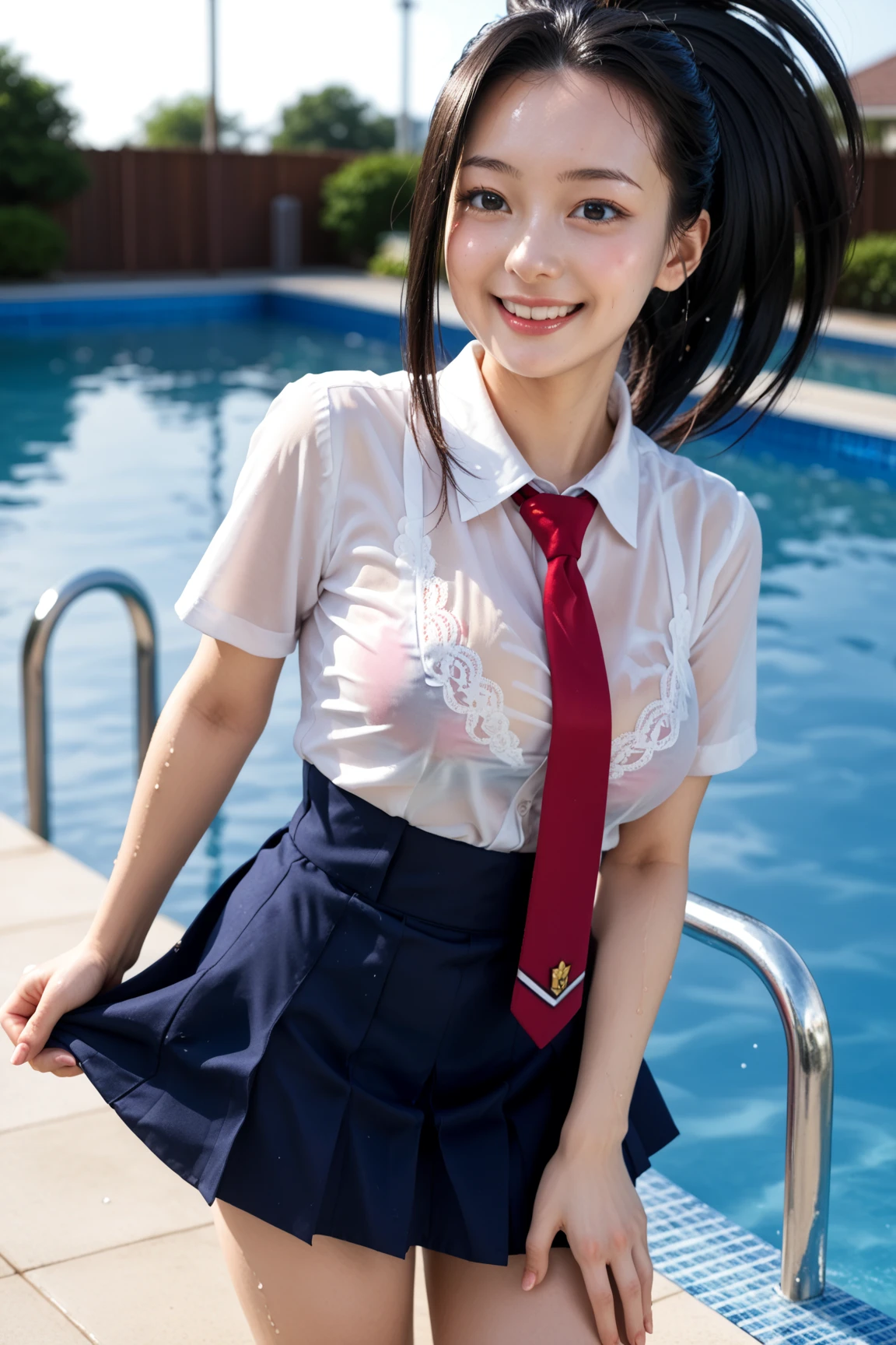 (14 year old girl), (very short uniform), (topless), (sitting), cute, ((milk spilled on skirt)), dark blue short pleated skirt, very short skirt, smile, beautiful belly , beautiful belly button, ((slender legs, slender body, small breasts)), sunlight, splashing water, soaking in milk from a hose, soaking wet all over, tie.