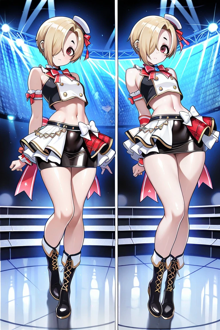 Beautiful full-length photo of an idol singer with 5 dancers, Masterpiece Quality, Shining Girls, Miniskirt Uniform, Bright stage lighting, Rock Stage, detail panties, ultra wide-angle, from below, bimbo, underwear, dildo under panties, dildo under clothes, gigantic breasts, cleavage, huge nipples