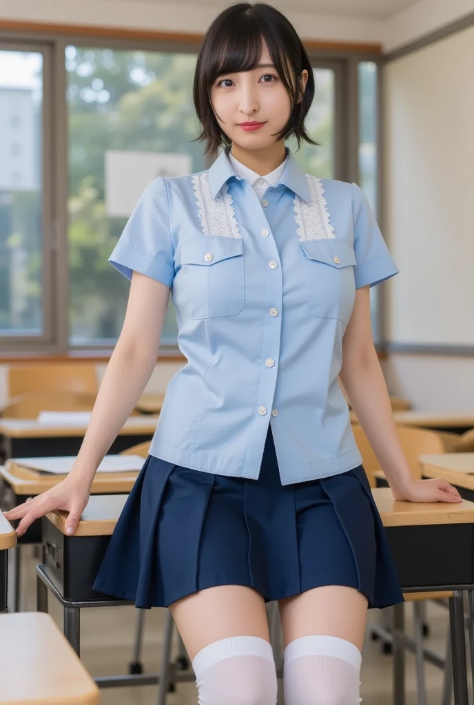 fille, couvent, chemise blanche, manches longues, cravate ample, Jupe longue bleu marine, ceinture noire,