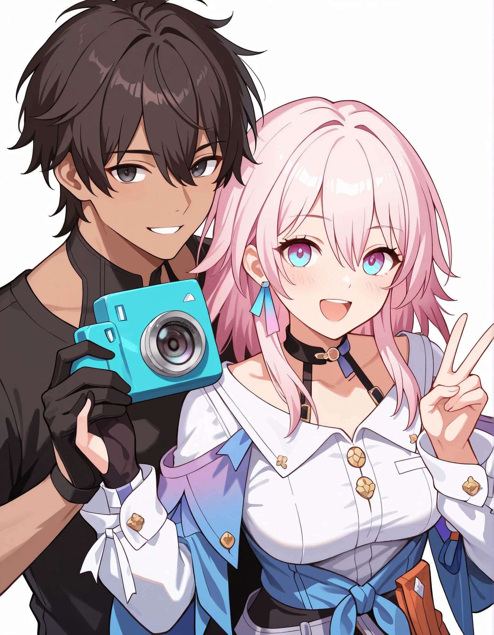 (masterpiece), (best quality), (ultra-detailed), MarchPreserv, pink hair, multicolored eyes, blue eyes, purple eyes, PV_shirt, PV_skirt, clothes around waist, hair between eyes, PV_choker, PV_jacket, M7_camera, PV_shoes, PV_thigh_strap, PV_gloves, single glove, partially fingerless gloves, ((white background)), standing, looking at viewer, smile, open mouth, looking at viewer, hands up, upper body, taking selfie with camera, selfie, peace sign, illustration, disheveled hair, detailed eyes, perfect composition, moist skin, intricate details, earrings, Volumetric Lighting, MarchPreserv, pink hair, multicolored eyes, blue eyes, purple eyes, PV_shirt, PV_skirt, clothes around waist, hair between eyes, PV_choker, PV_jacket, M7_camera, PV_shoes, PV_thigh_strap, PV_gloves, single glove, partially fingerless gloves, standing, looking at partner, smile, open mouth, looking at partner, hands up, light depth, dramatic atmospheric lighting, Volumetric Lighting, two characters, 1boy, 1girl, holding hands, hand holding, looking at eachother, black haired male, black eyes male, dark brown skin male, Filipino brown male, handsome male, holding partner's hand, partners holding hands, hand in partner's hand